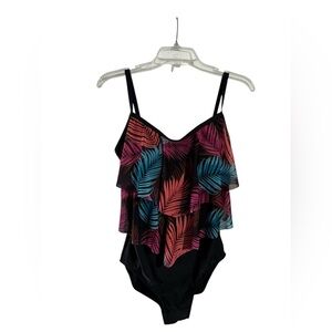 Tropical Ruffle One Piece Palm Leaf Flounce Swimsuit Size 10 Ibiza Swimwear
